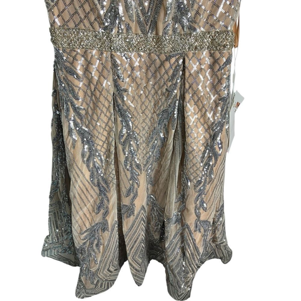 Mac‎ Duggal Beaded Nude Silver Dress 4 Art Deco Midi V Neck Gala 67533 - Picture 6 of 16